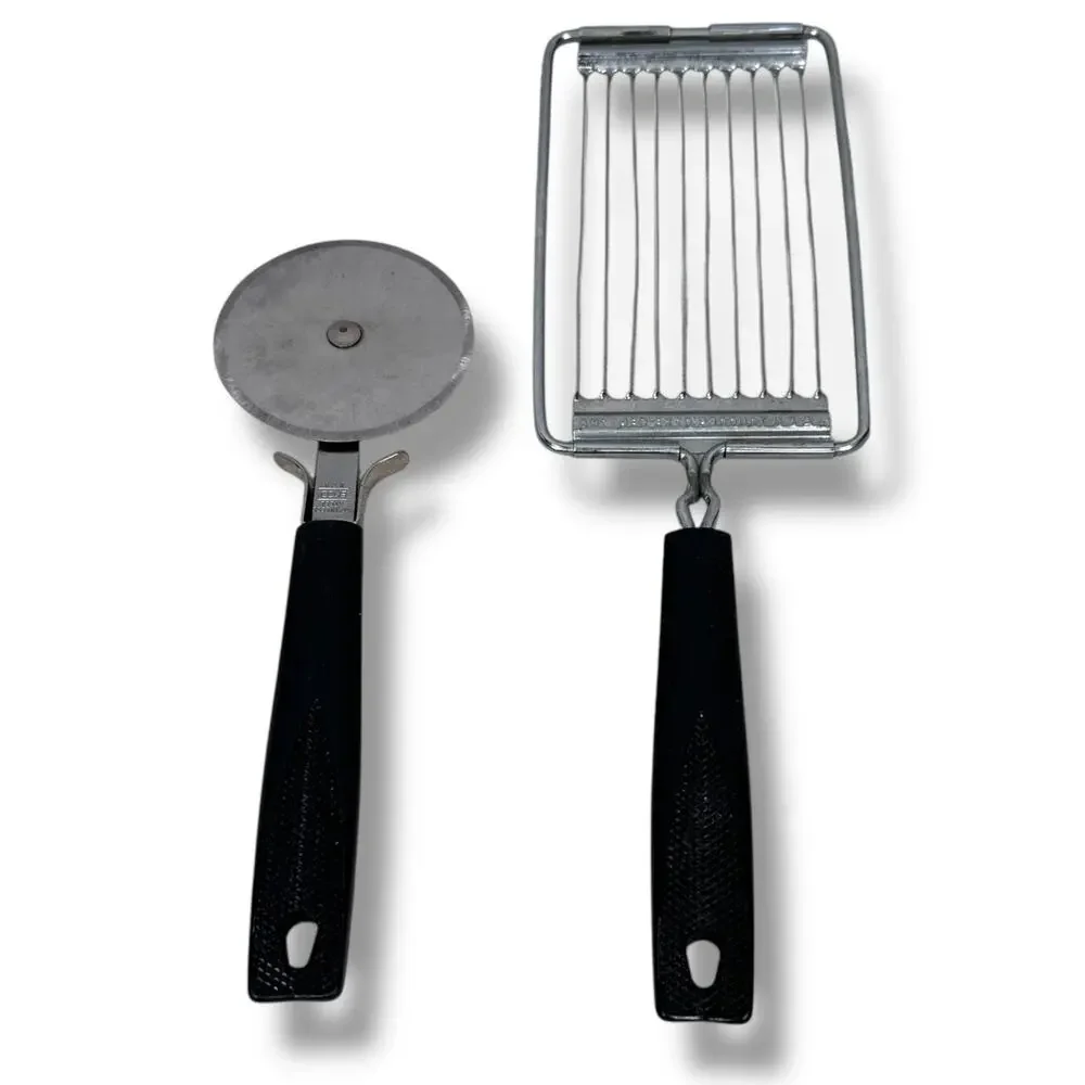Vintage EKCO Black Utensils Pizza Cutter & Tomato Slicer‎ Stainless Lot of 2